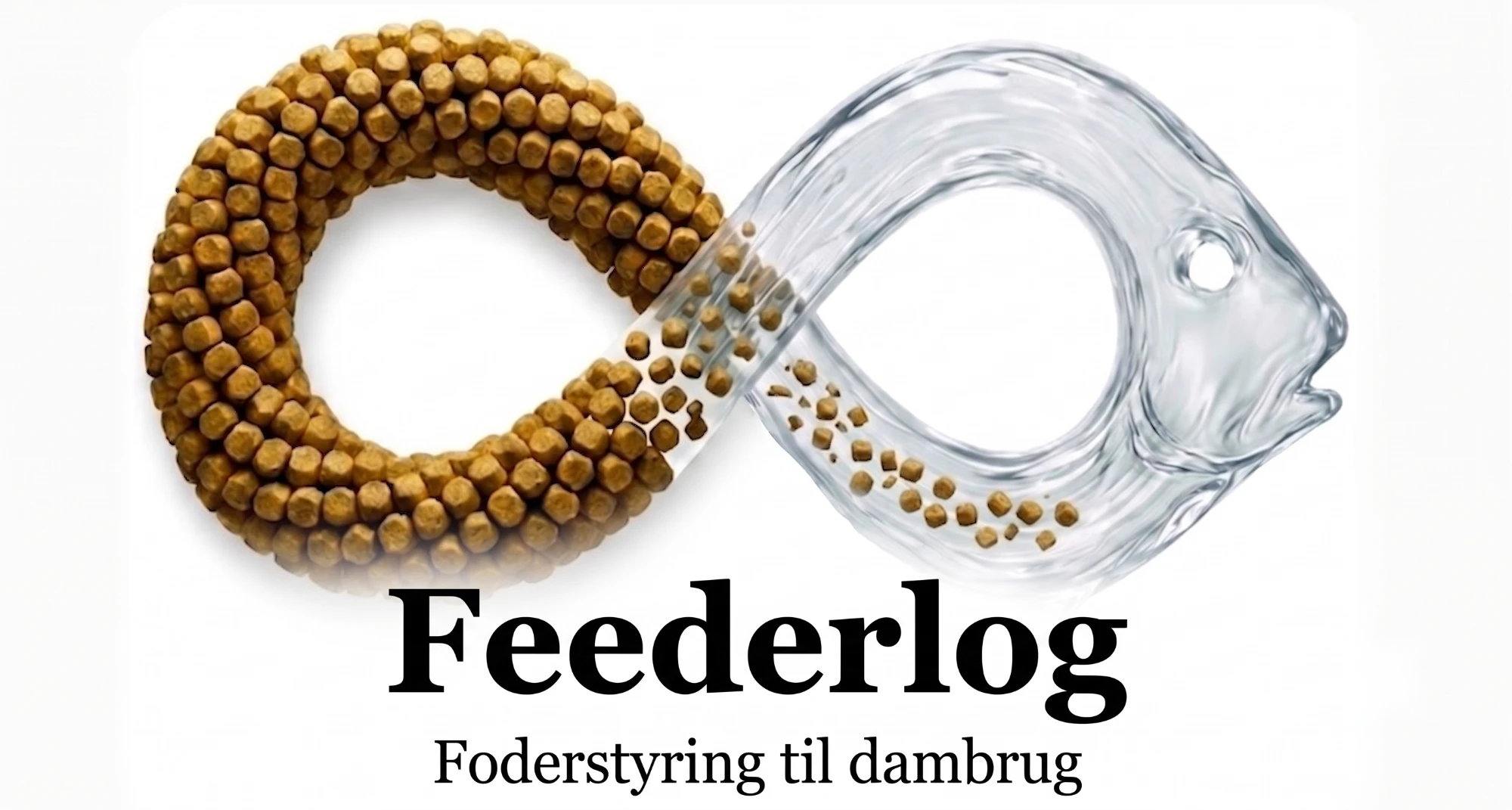 FeederLogs logo: gyldne foderpiller og klart vand med fisk samlet i et uendeligt kredsløb (infinity-tegn).
